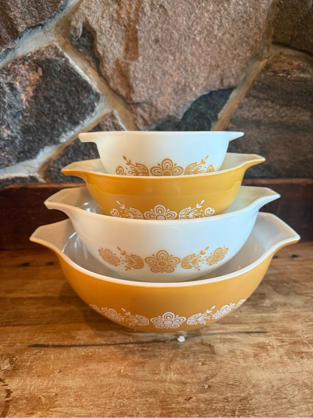 Vintage Pyrex Butterfly Gold Cinderella Bowl Set โ 4 Nesting Bowls โ Made in USA